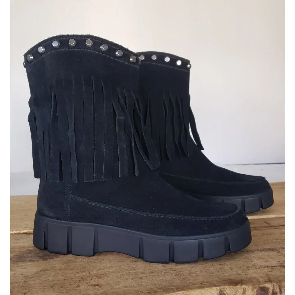 NWT Geox Ghoula Suede Fringe Studded Mid-Calf Chunky Lug Sole Winter Boots Sz 8